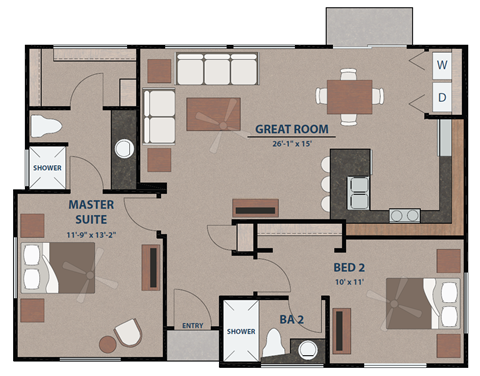 Floor plan for 2 beds, 2 baths, 922 sqft